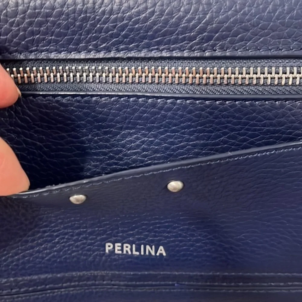 Perlina New York Navy Blue Pebbled Leather‎ Crossbody Silver Hardware Organizer